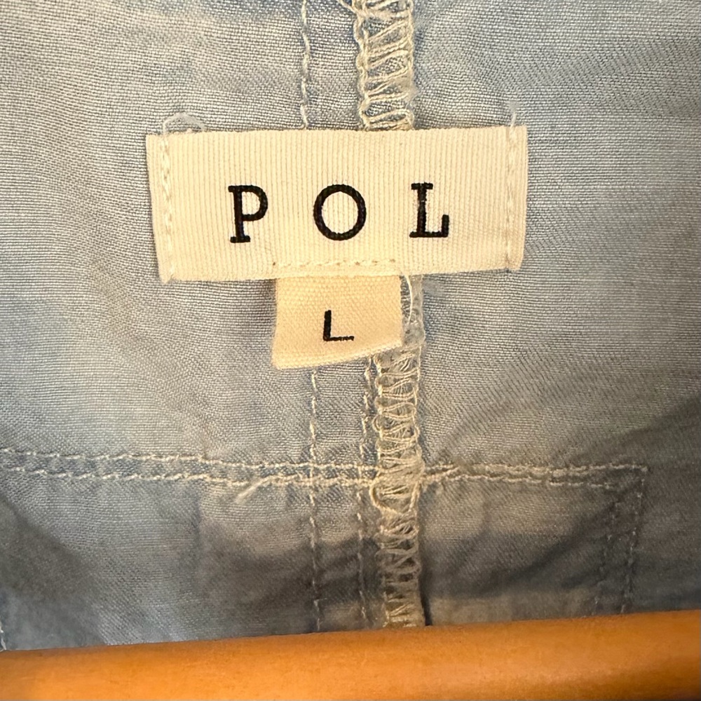 POL Light Wash Denim Patchwork Button Down Bohemian Shirt Top, Size Large - Picture 3 of 10